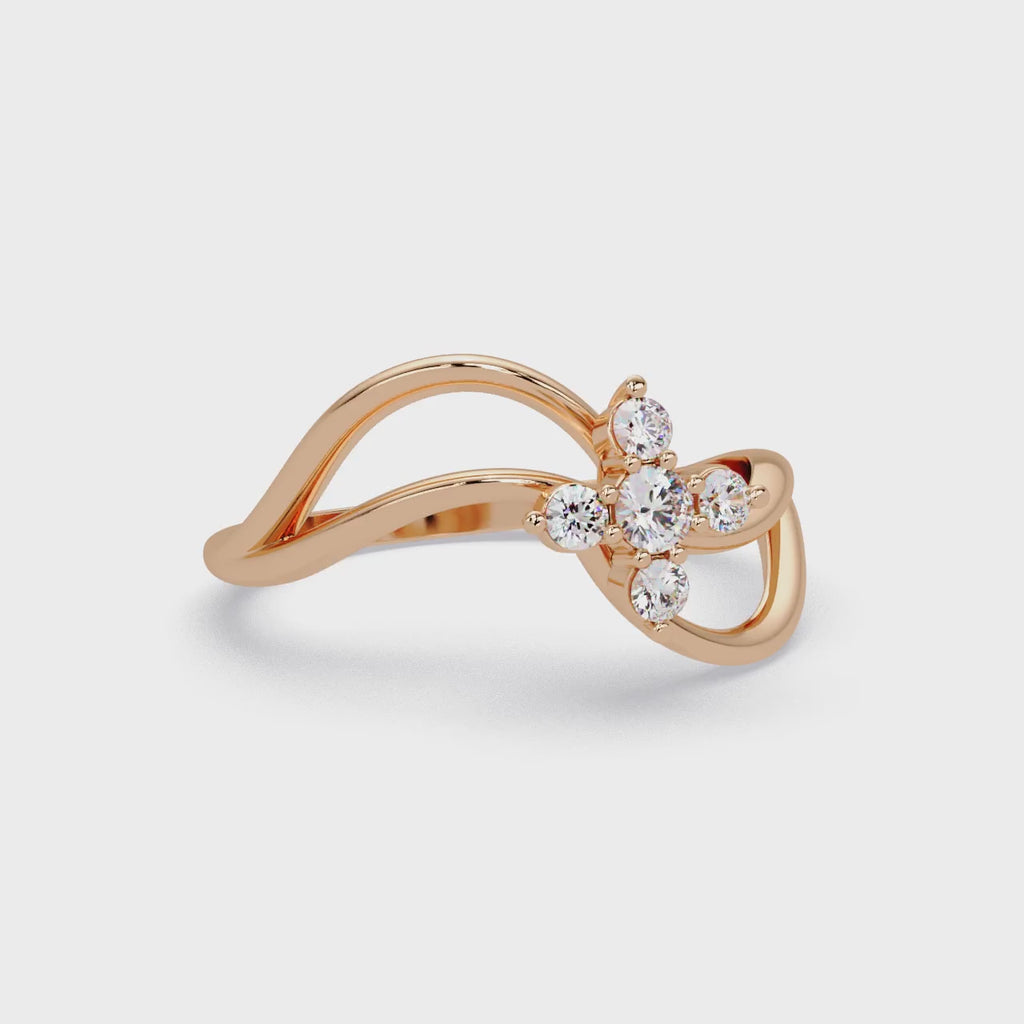 Round Cut Floral Cluster Diamond Wave Ring