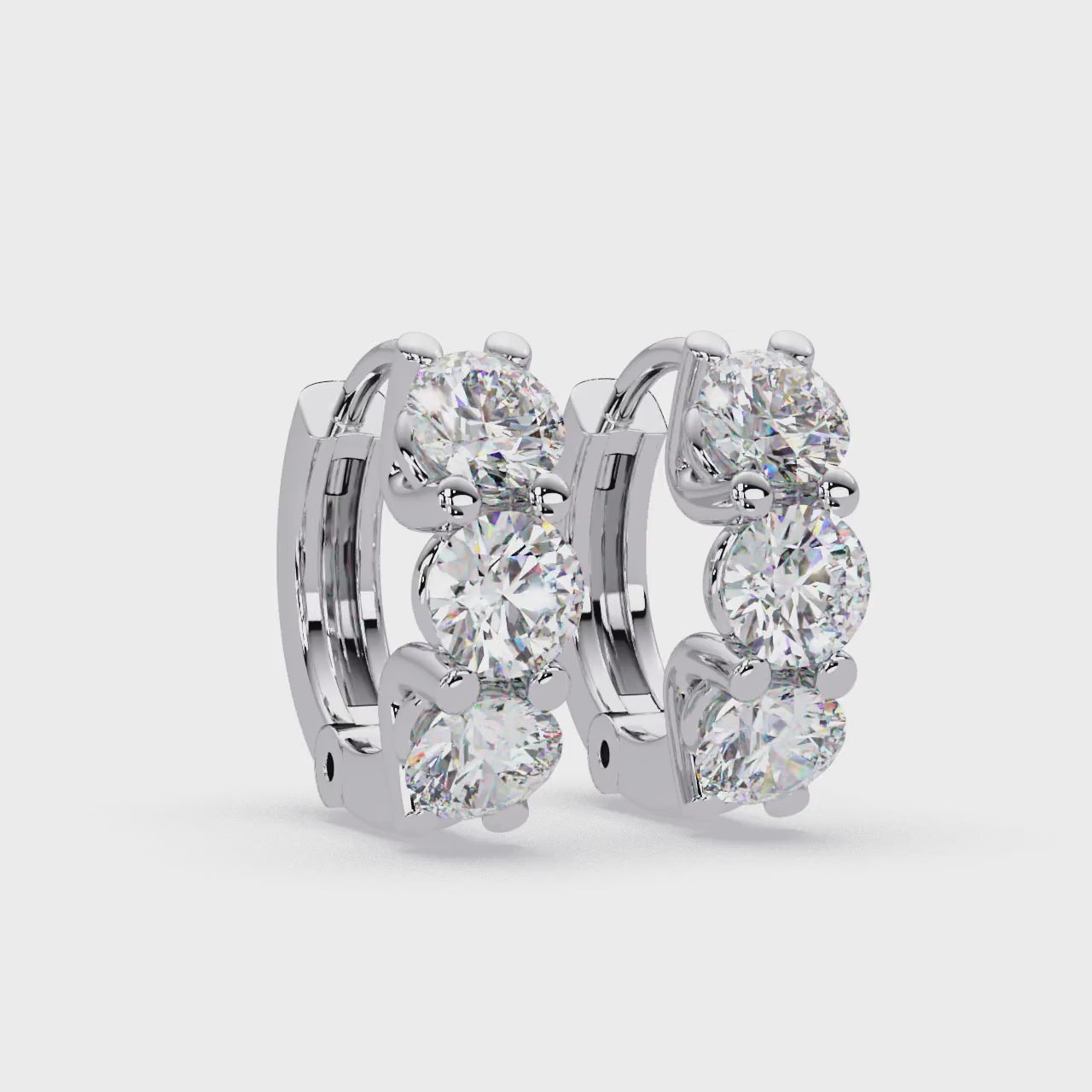 Three Stone Round Cut Diamond Huggie Hoop Earrings