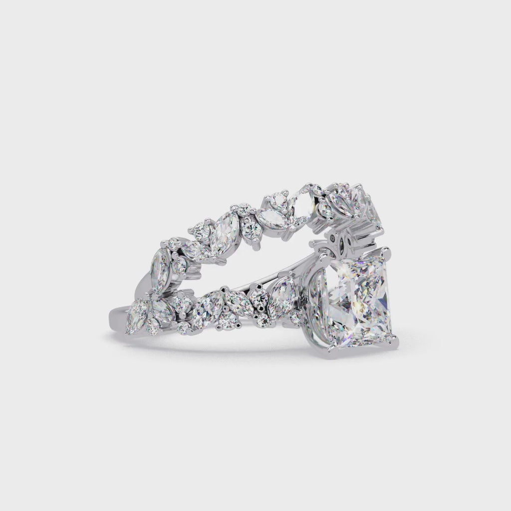 Nature-Inspired Princess Diamond Engagement Ring with Marquise & Round Accent Stones