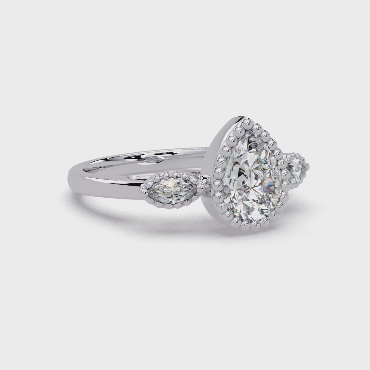 Pear and Marquise Cut Diamond Beaded Halo Ladies Ring