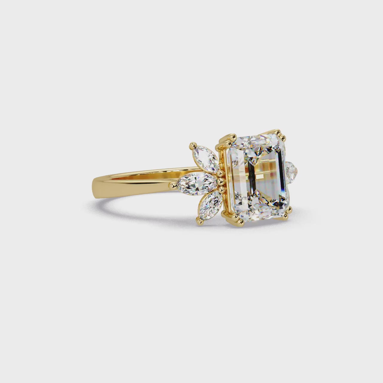 Emerald Cut Diamond Marquise Floral Cluster Engagement Ring