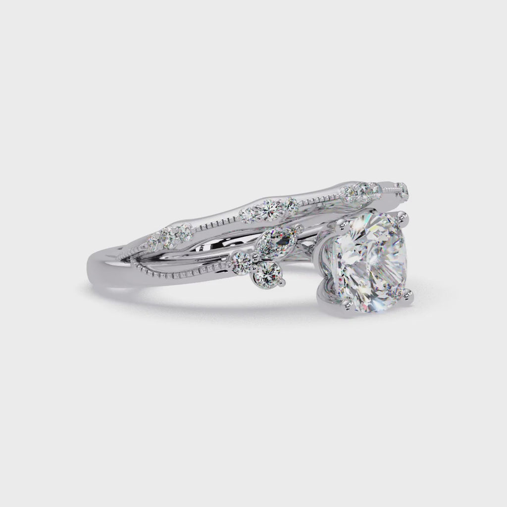Cushion Cut Diamond Engagement Ring | Nature-Inspired Marquise & Round Accent Ring | Milgrain Solitaire Ring | Laxora