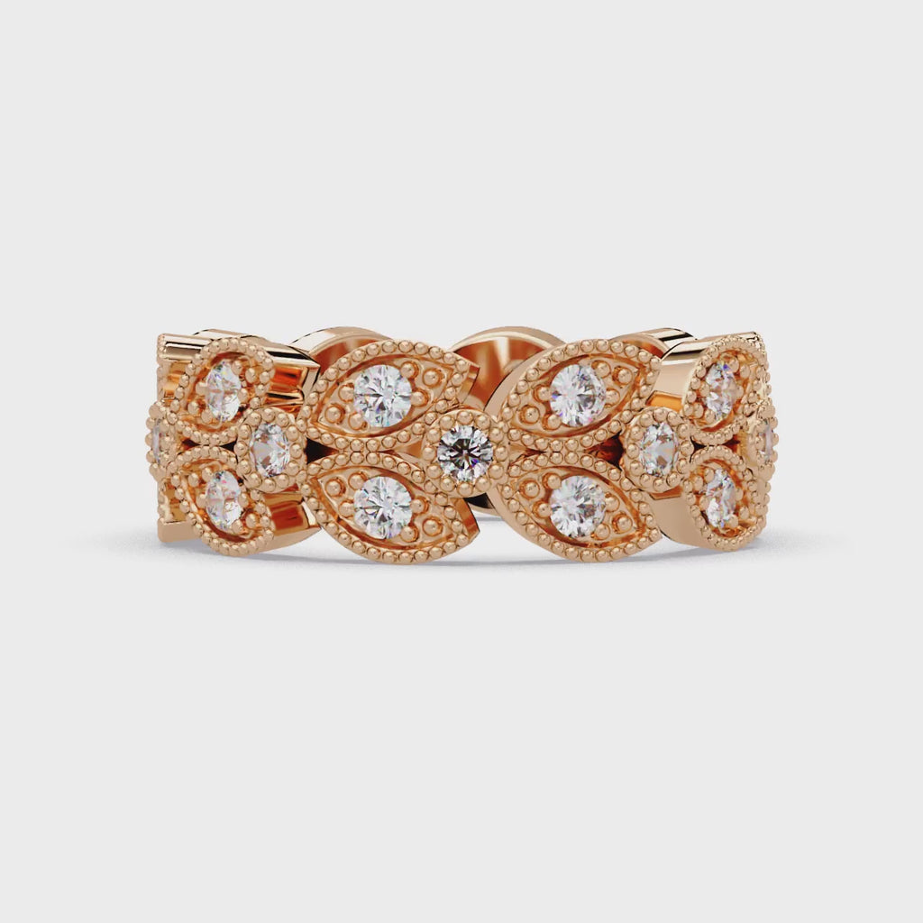 Vintage Leaf Motif Round Cut Diamond Band Ladies Ring