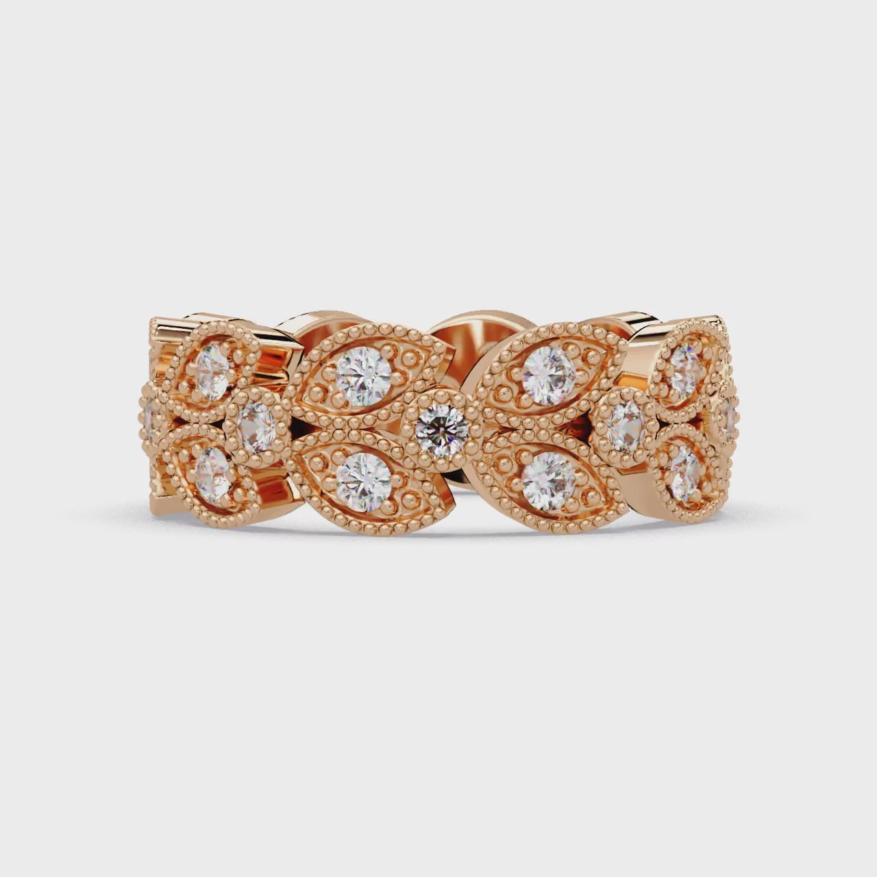 Vintage Leaf Motif Round Cut Diamond Band Ladies Ring