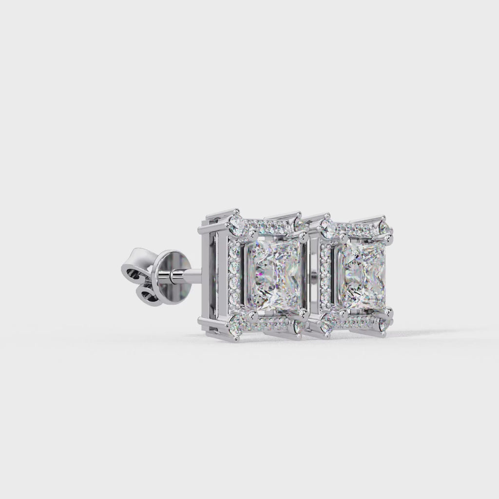 Princess Cut Halo Diamond Stud Earrings